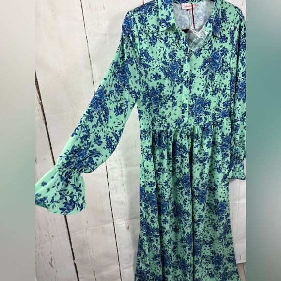 Mint Green & Navy Blue Floral Maxi Dress Long Sleeve Collared Button Front - Picture 3 of 5